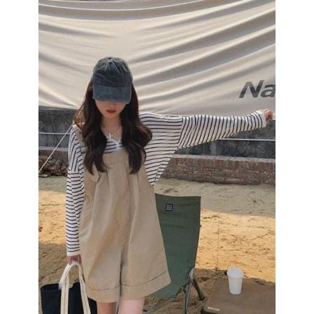 休閒寬鬆捲邊闊腿工裝吊帶短褲-細節圖8