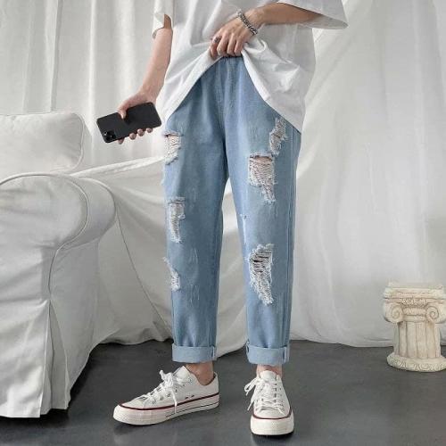 男女士破洞鬆緊腰圍九分牛仔褲-細節圖9