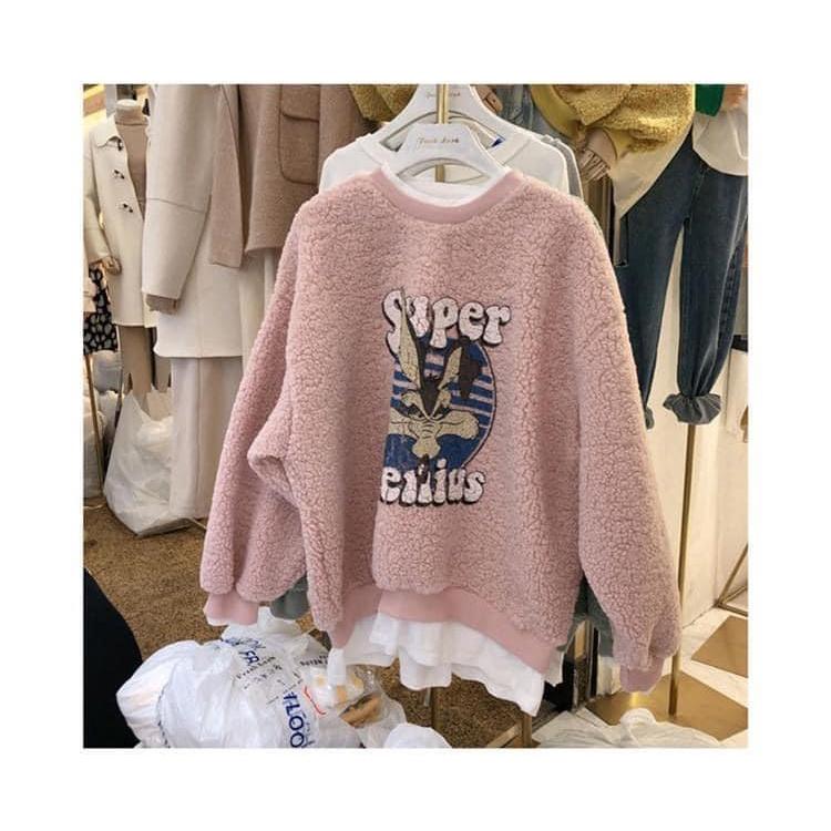 韓國東大門假兩件兔兔羊羔絨衛衣-細節圖4