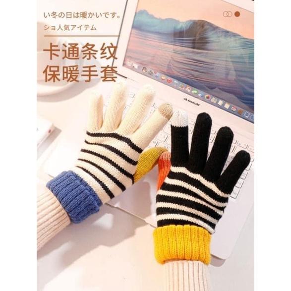 日本可愛毛線條紋可觸屏加絨加厚加長手套-細節圖2