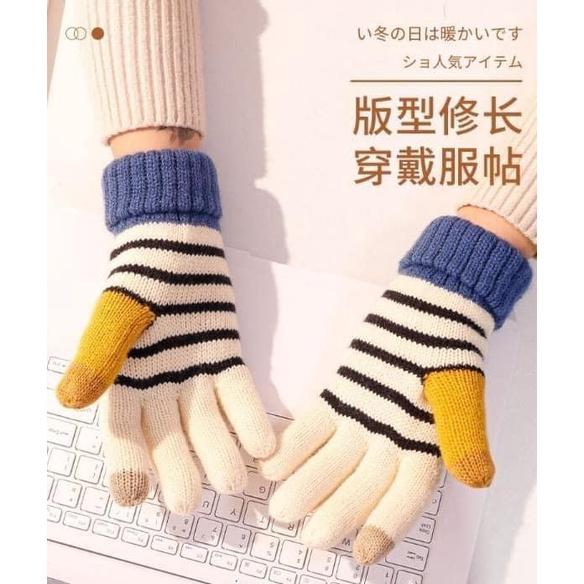 日本可愛毛線條紋可觸屏加絨加厚加長手套-細節圖7