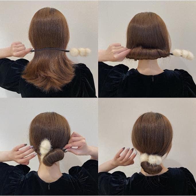 韓國毛毛球丸子頭懶人盤髮飾(一組3個)-細節圖8