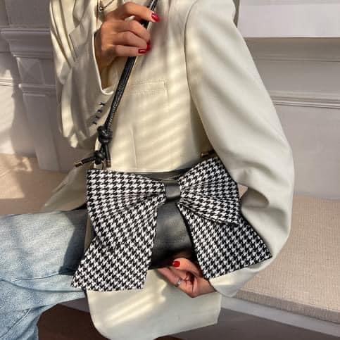 高級感千鳥紋蝴蝶結馬鞍包-細節圖3