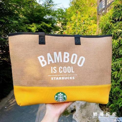 星巴克編織撞色黃色大手提包-細節圖5