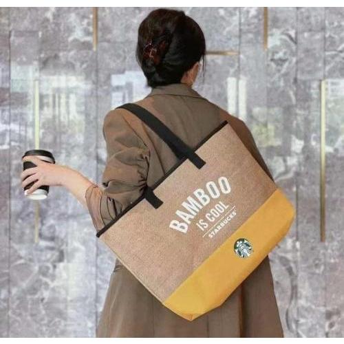 星巴克編織撞色黃色大手提包-細節圖6