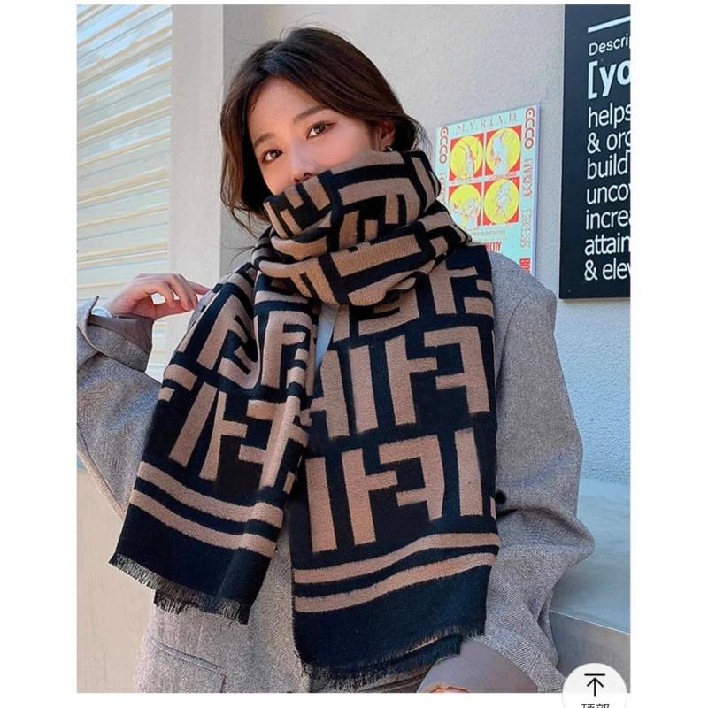 經典F牌雙面雙色羊絨流蘇圍巾-細節圖4