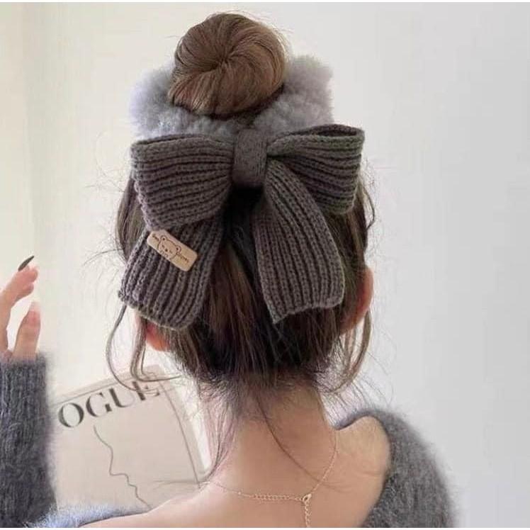 秋冬針織蝴蝶結毛絨大腸圈髮飾(一組2個)-細節圖7