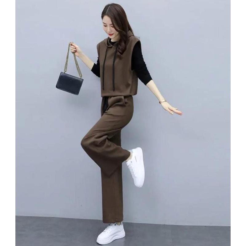 韓國東大門寬鬆連帽背心３件套-細節圖2