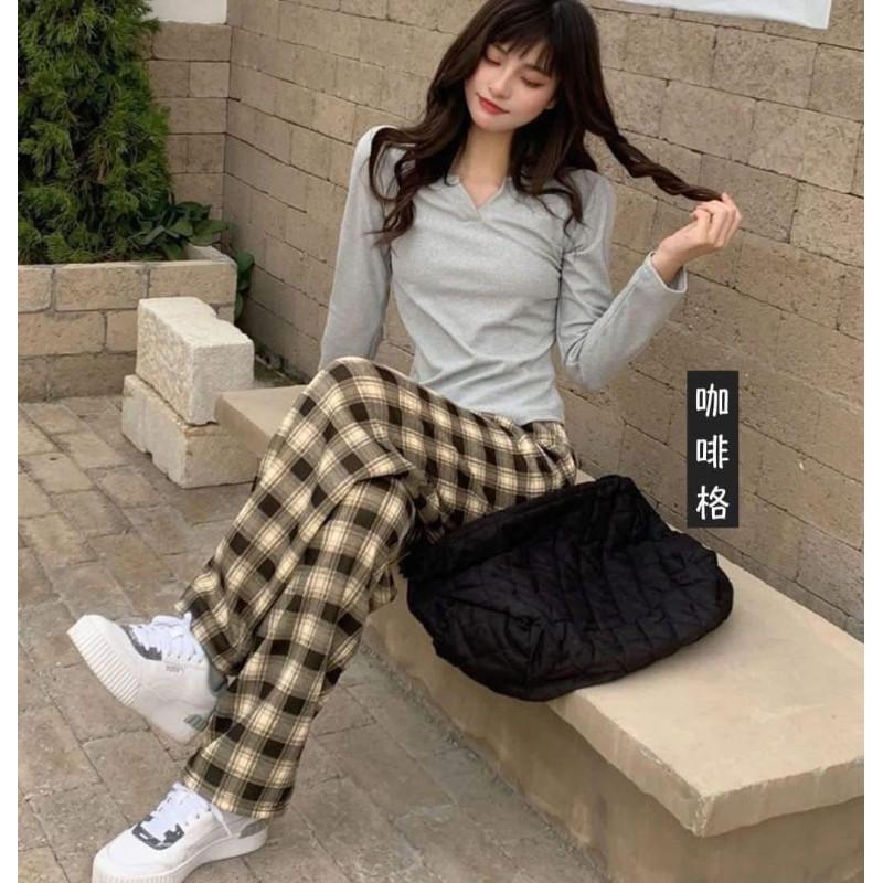 出清“整件”羊羔絨寬鬆格子高腰褲長褲-細節圖2