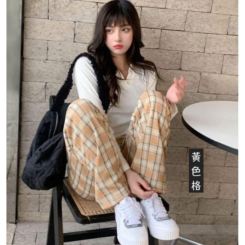 出清“整件”羊羔絨寬鬆格子高腰褲長褲-細節圖3