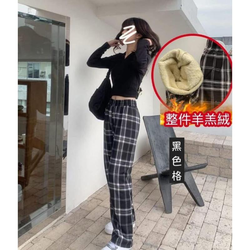 出清“整件”羊羔絨寬鬆格子高腰褲長褲-細節圖4