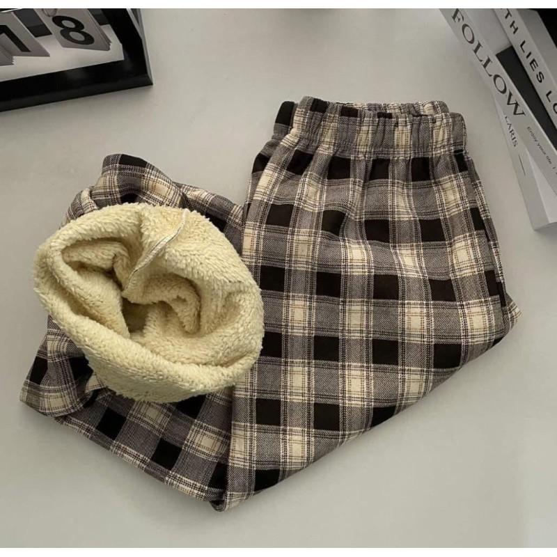 出清“整件”羊羔絨寬鬆格子高腰褲長褲-細節圖9