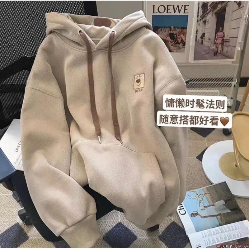 可愛草莓熊刺繡抓絨連帽衣帽T-細節圖5