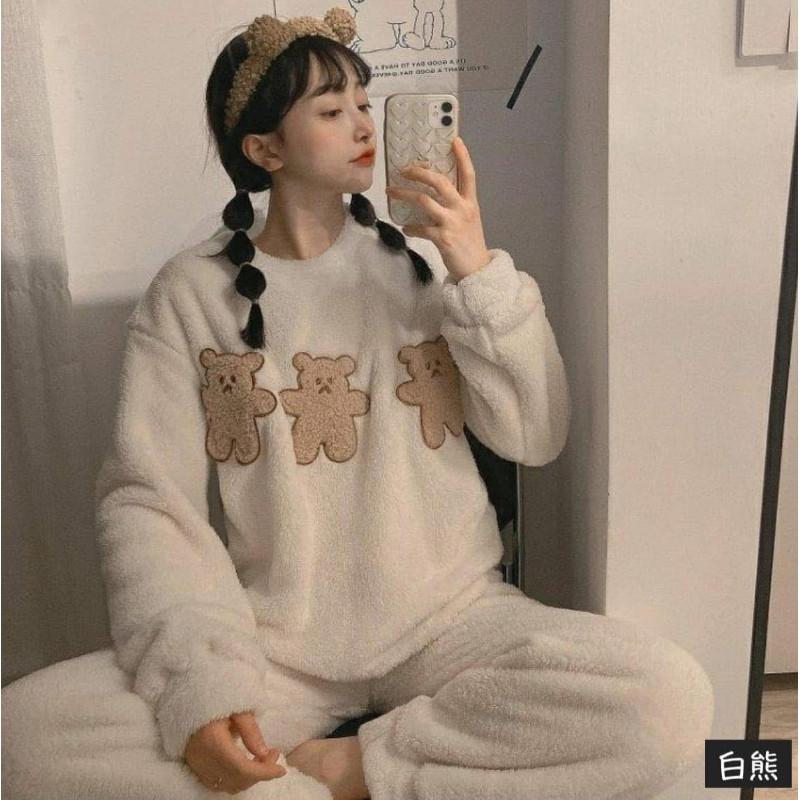卡通厚絨珊瑚絨兩件套睡褲＋睡衣-細節圖4