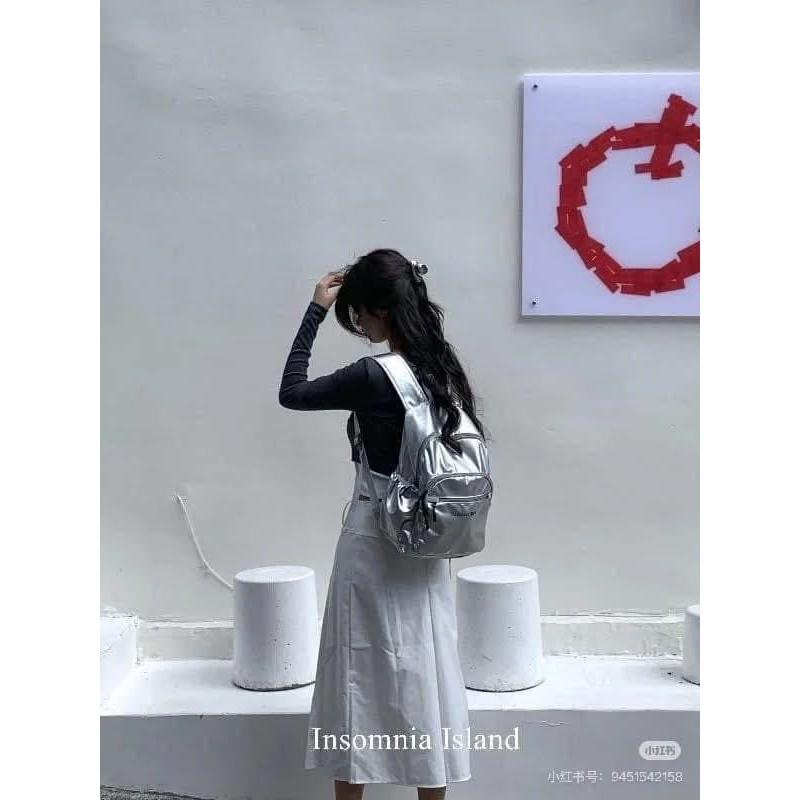 韓國網紅款銀色後背包雙肩包-細節圖5