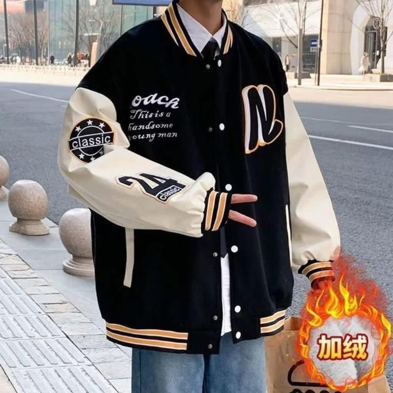 整件“銀狐絨”字母Ｎ寬鬆百搭棒球外套-細節圖4