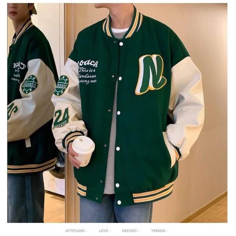 整件“銀狐絨”字母Ｎ寬鬆百搭棒球外套-細節圖5