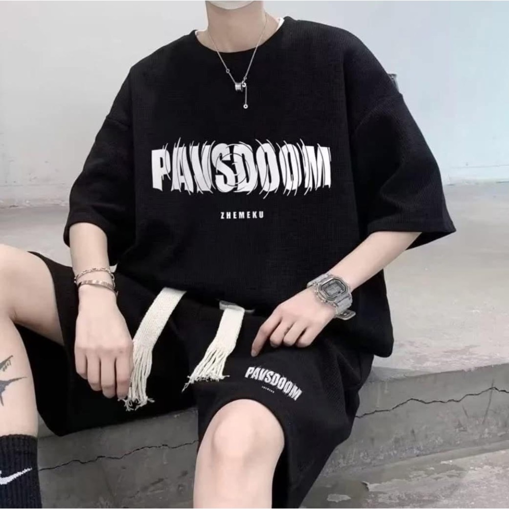 【華夫格男款抽繩字母休閒套裝】-細節圖3