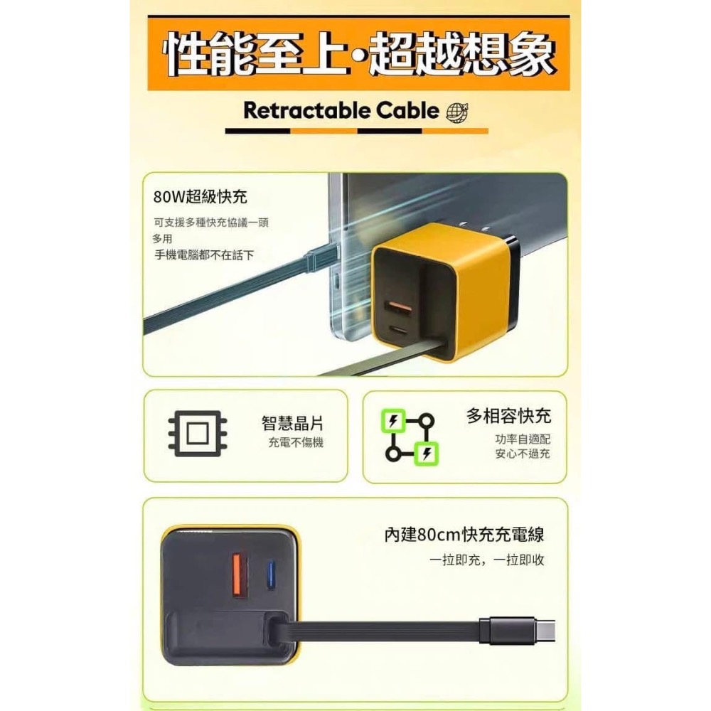 【80W雙孔＋附帶伸縮超快充線充電頭】-細節圖9