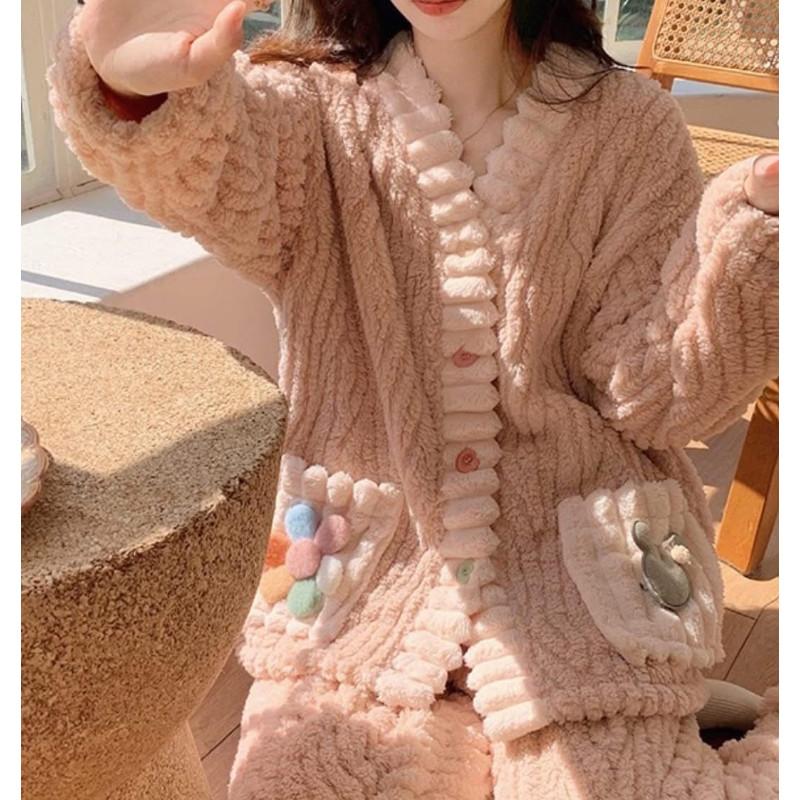 法蘭絨暖暖甜美花朵保暖睡衣套裝-細節圖2