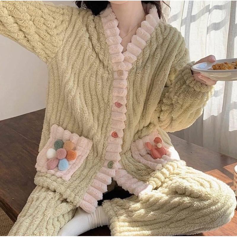 法蘭絨暖暖甜美花朵保暖睡衣套裝-細節圖3