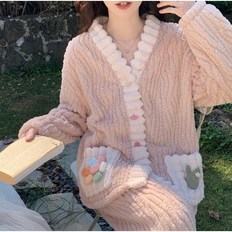 法蘭絨暖暖甜美花朵保暖睡衣套裝-細節圖4