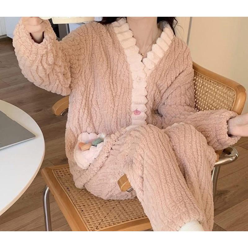 法蘭絨暖暖甜美花朵保暖睡衣套裝-細節圖6