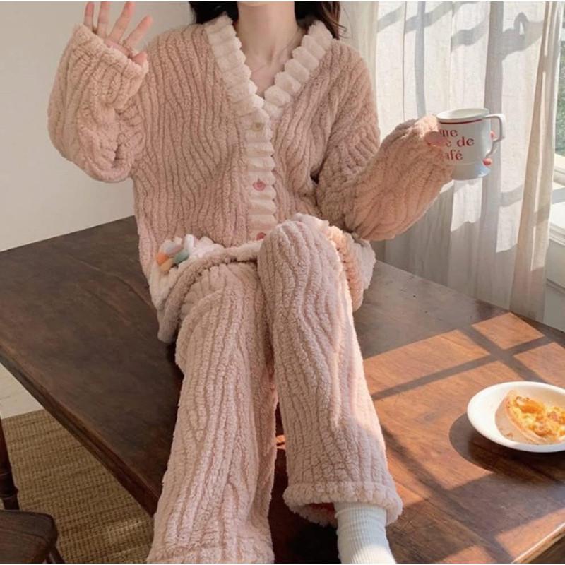 法蘭絨暖暖甜美花朵保暖睡衣套裝-細節圖7