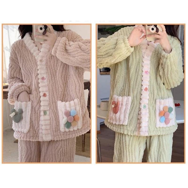 法蘭絨暖暖甜美花朵保暖睡衣套裝-細節圖9