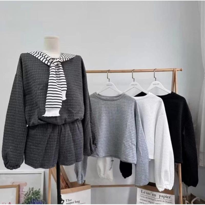 韓國厚華夫格可束口長袖上衣套裝-細節圖2