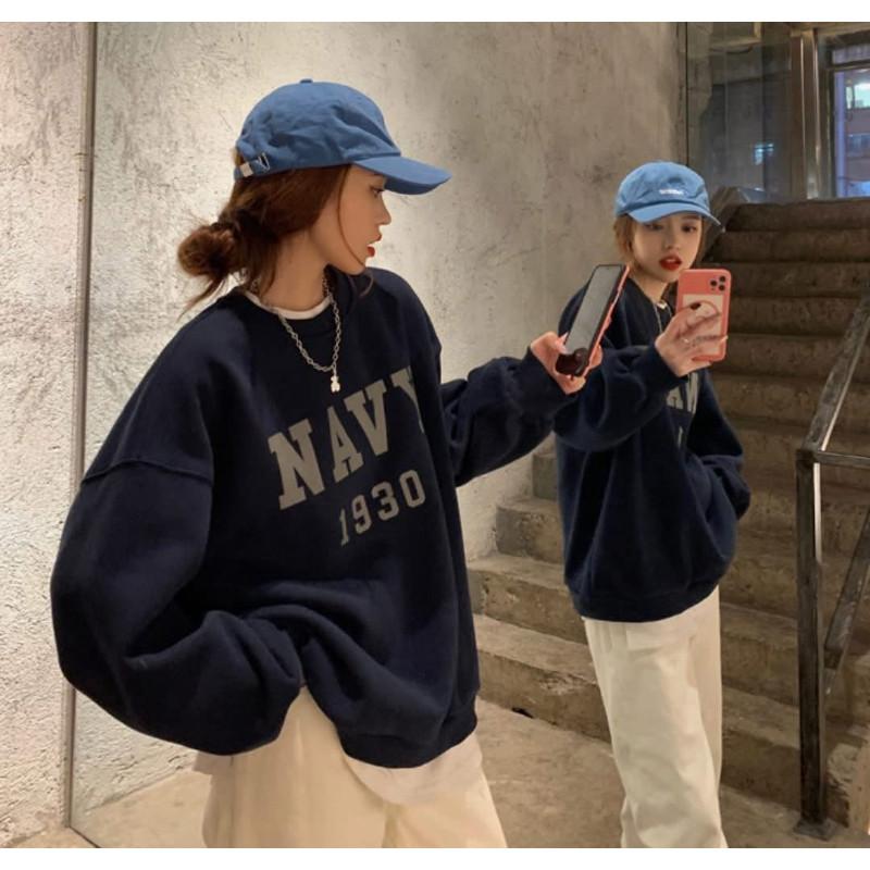 韓國NAVY字母加絨圓領大學T上衣-細節圖2