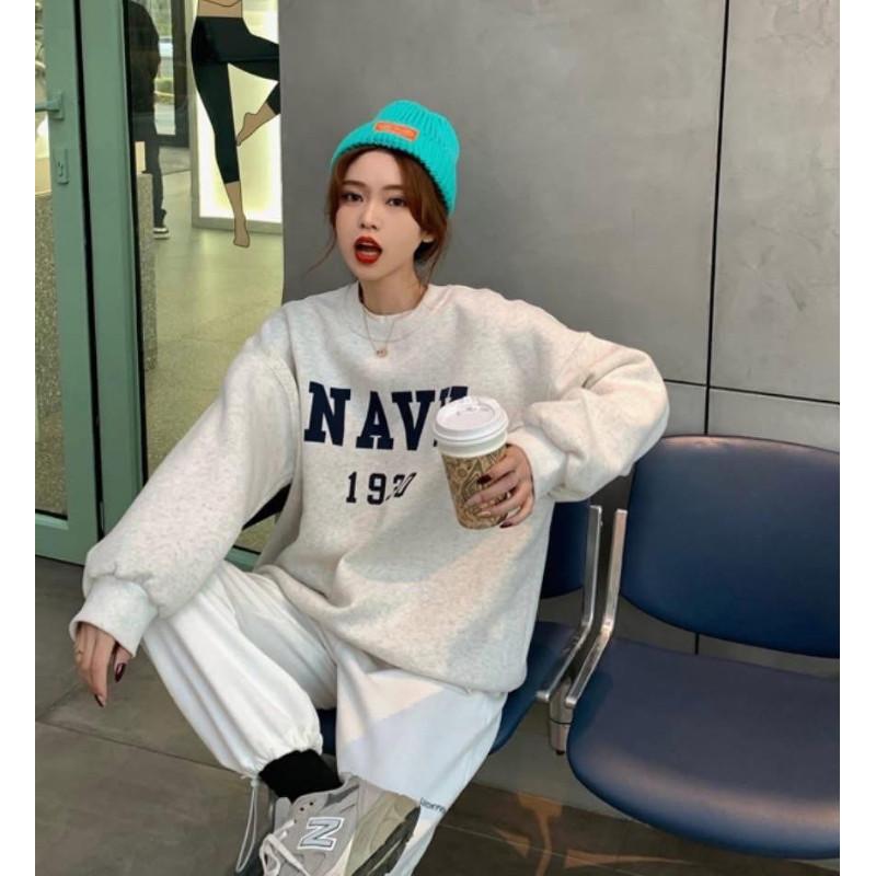 韓國NAVY字母加絨圓領大學T上衣-細節圖3