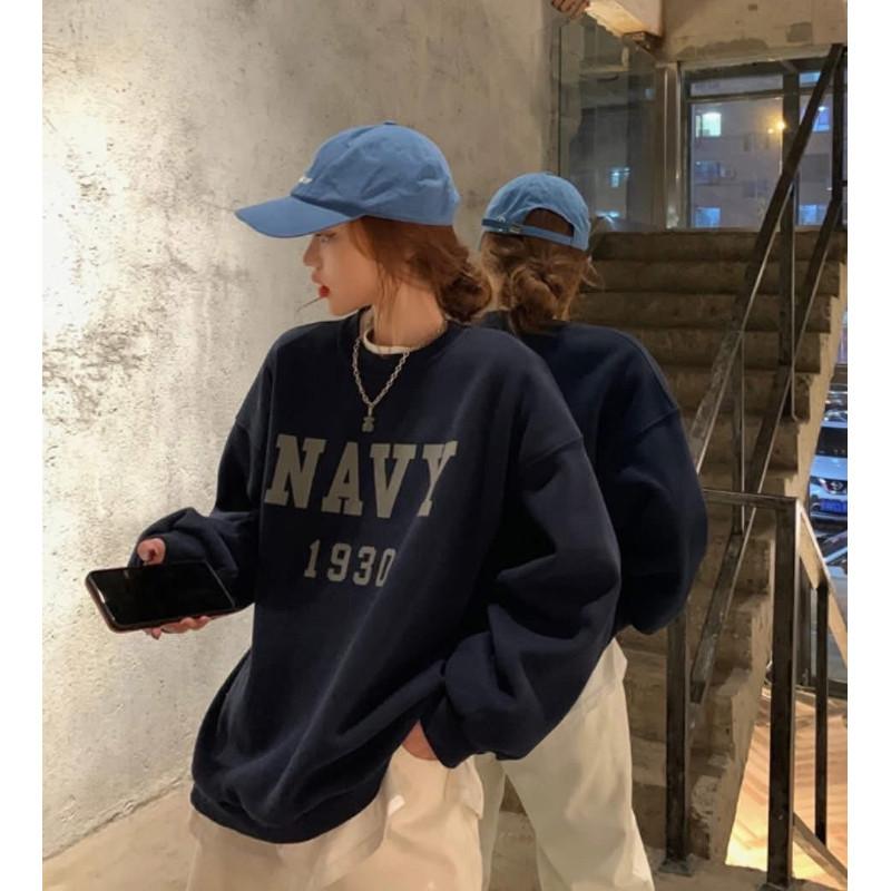 韓國NAVY字母加絨圓領大學T上衣-細節圖4