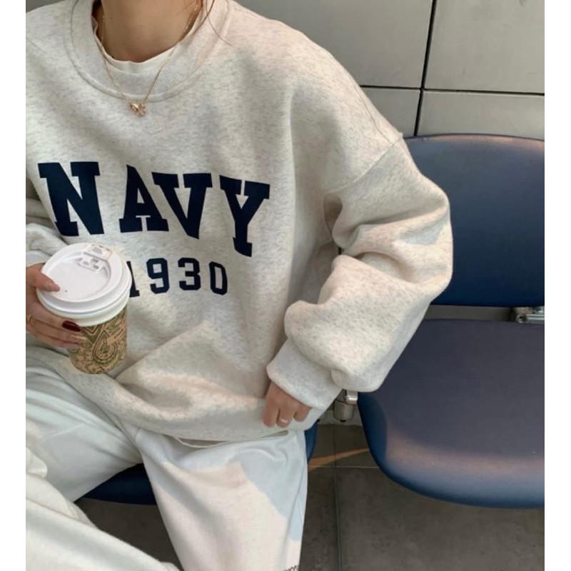 韓國NAVY字母加絨圓領大學T上衣-細節圖5