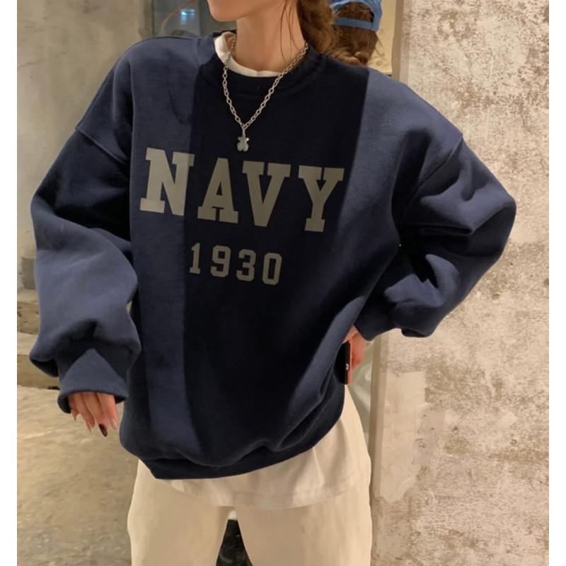 韓國NAVY字母加絨圓領大學T上衣-細節圖6