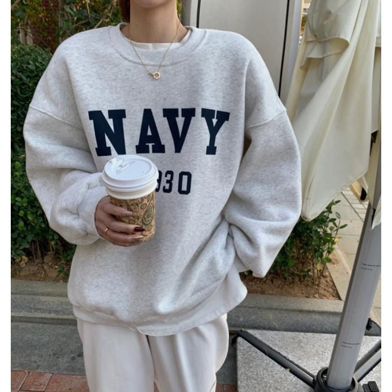 韓國NAVY字母加絨圓領大學T上衣-細節圖7