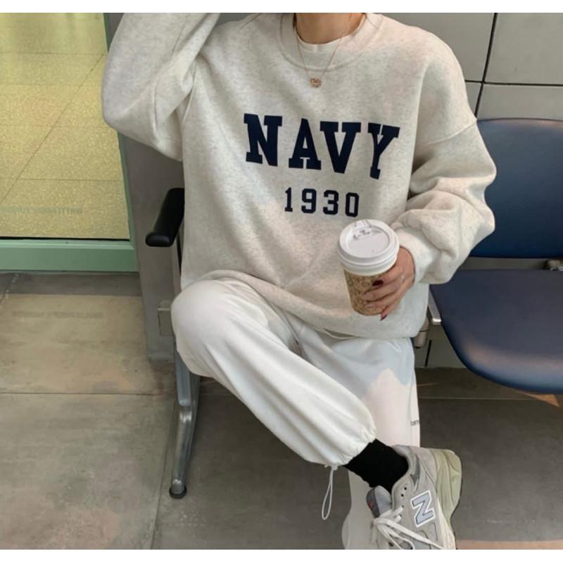 韓國NAVY字母加絨圓領大學T上衣-細節圖8