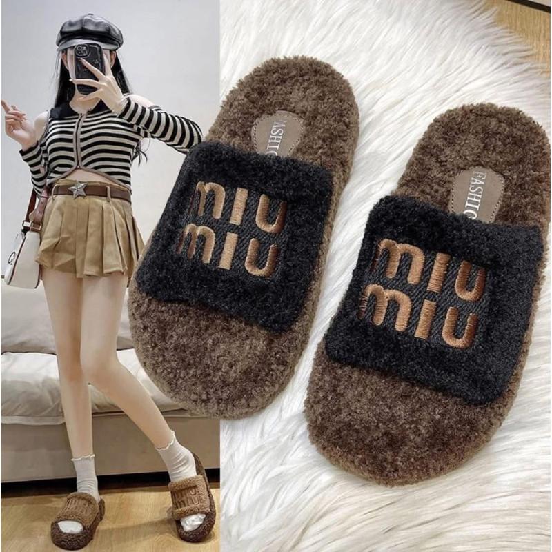 Miumiu冬季羊羔絨厚底毛毛拖鞋-細節圖4
