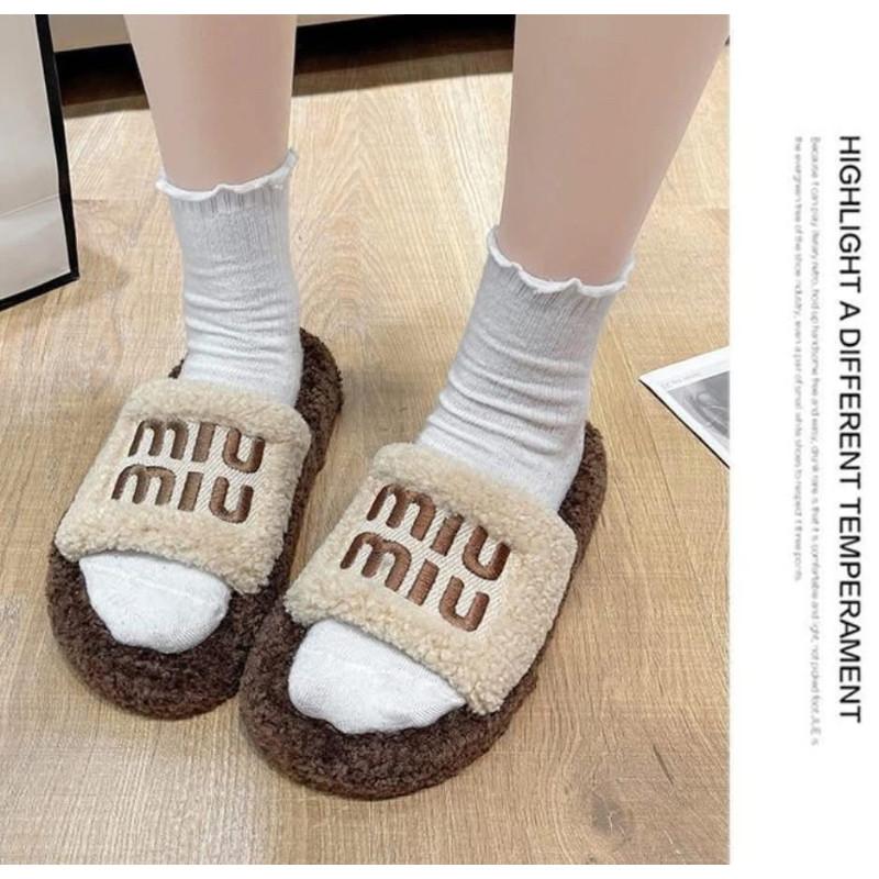 Miumiu冬季羊羔絨厚底毛毛拖鞋-細節圖7