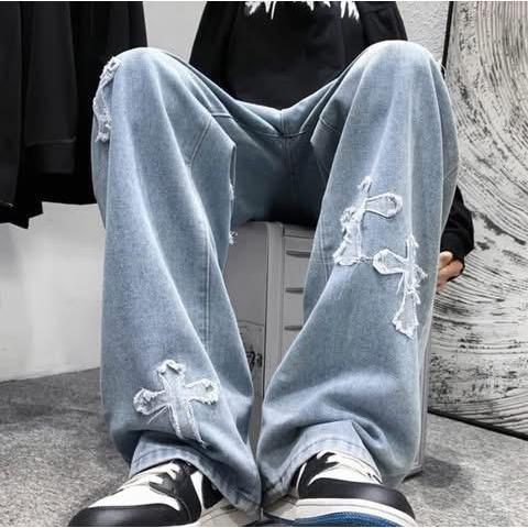 刺繡十字架拼接潮流百搭牛仔褲-細節圖3