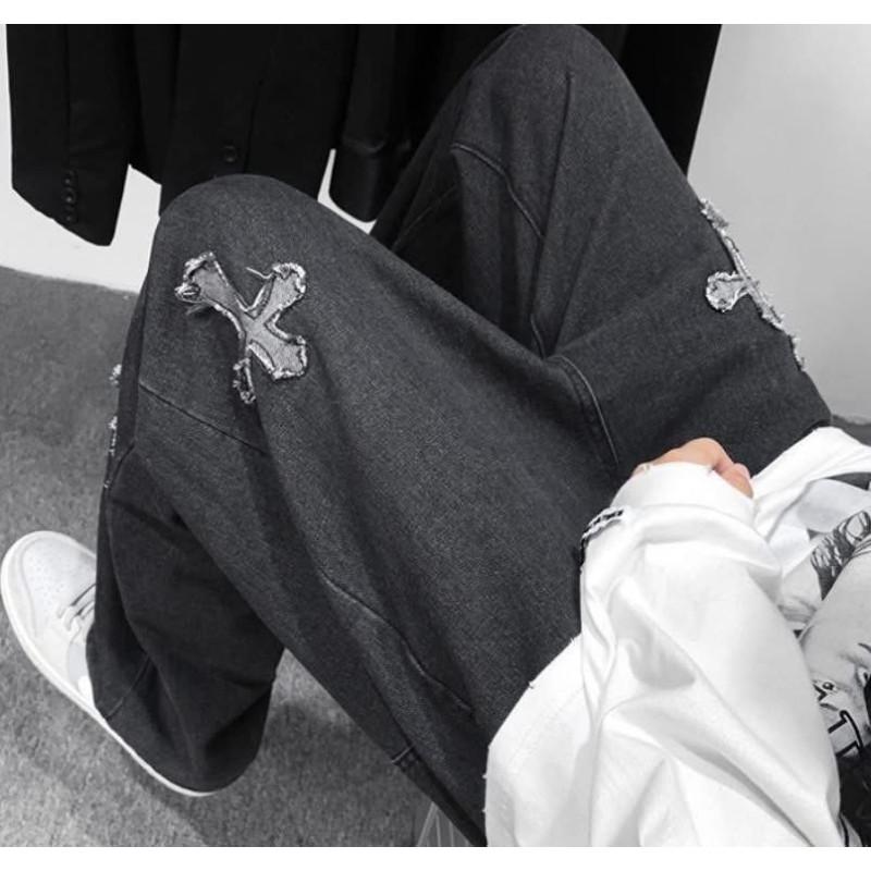 刺繡十字架拼接潮流百搭牛仔褲-細節圖8