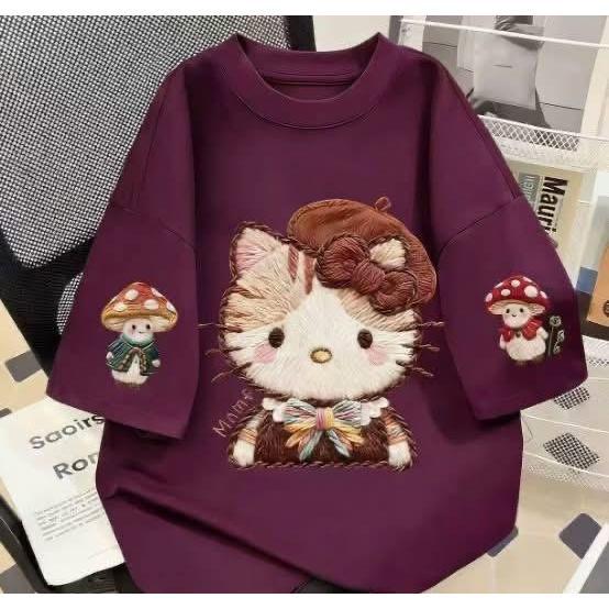 KT刺繡印花寬鬆100%純棉短袖T恤-細節圖4