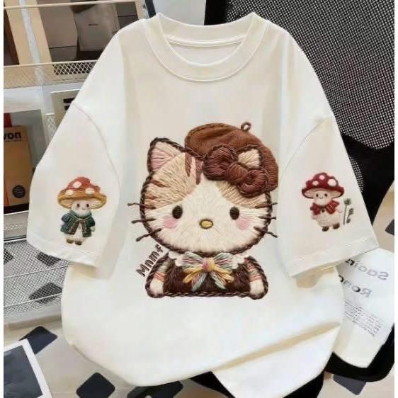KT刺繡印花寬鬆100%純棉短袖T恤-細節圖7