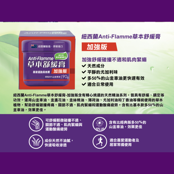 紐西蘭Anti-Flamme草本舒緩膏-加強版 90g  日常/ 加強/ 關節 運動健身推拿超好用-細節圖6