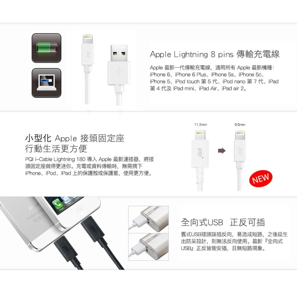 PQI i-Cable Lightning 雙面USB可插傳輸充電線180cm-黑、白-細節圖3