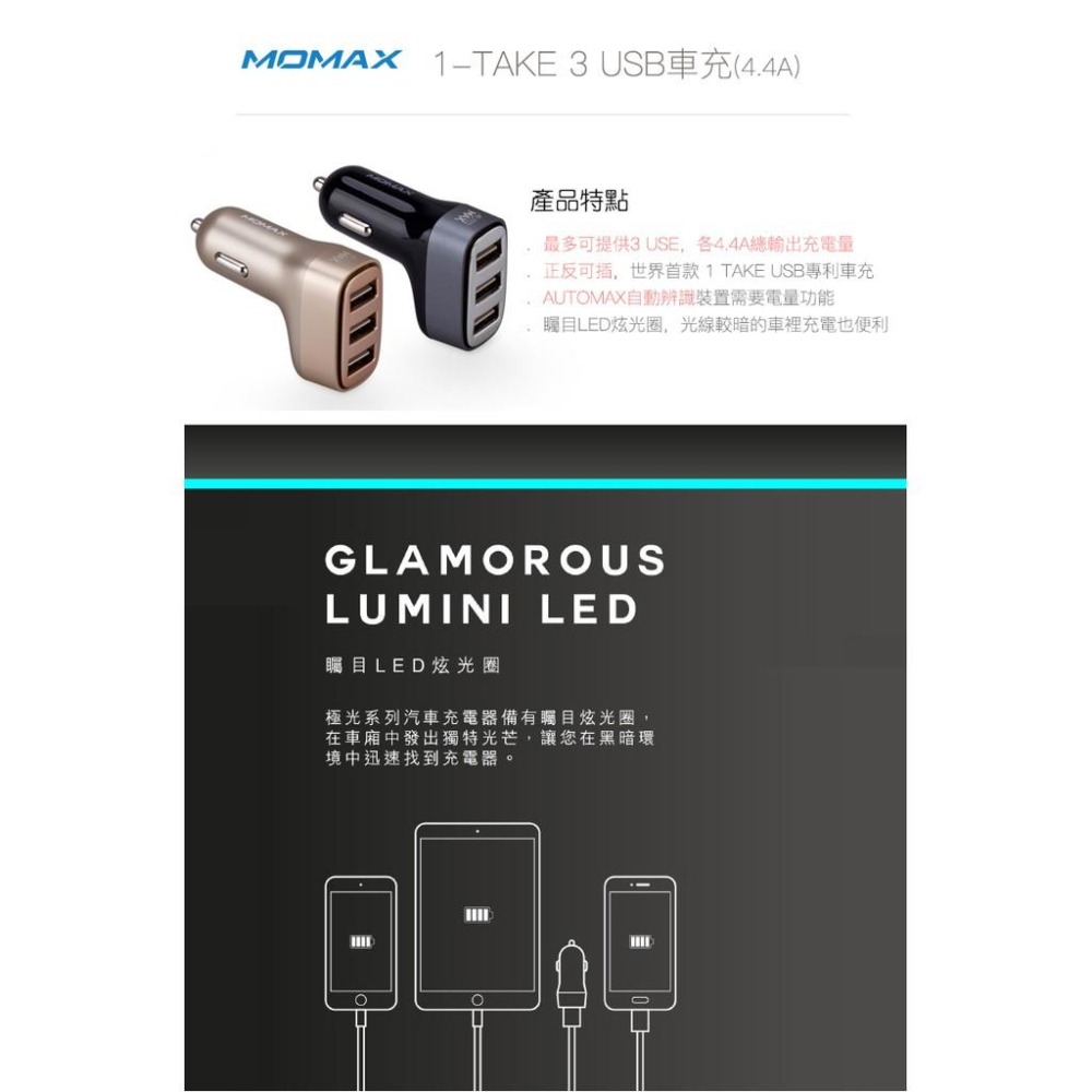 MOMAX 1-TAKE 3USB車充(4.4A)-香檳金、黑-細節圖2
