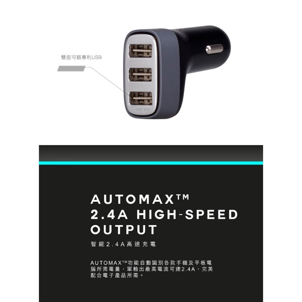 MOMAX 1-TAKE 3USB車充(4.4A)-香檳金、黑-細節圖5