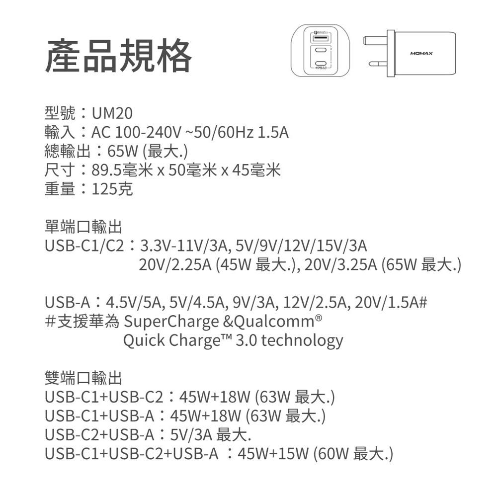 MOMAX One Plug 65W 3-Port GaN 氮化鎵智能充電器(UM20)-細節圖9