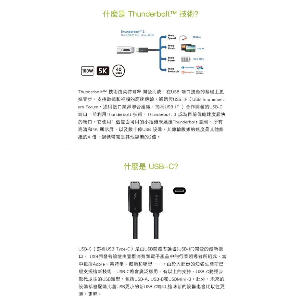 ZIKKO Type C to C 雷電3 傳輸線(50cm)-細節圖3