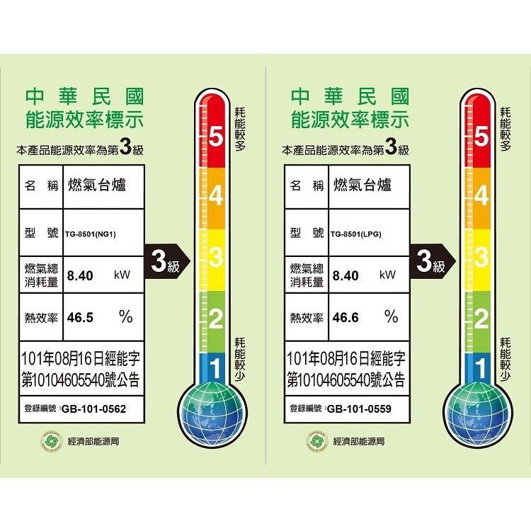 【莊頭北】零秒點火不鏽鋼面板檯面爐 TG-8501S(NG1/LPG)天然/桶裝瓦斯專用-細節圖3